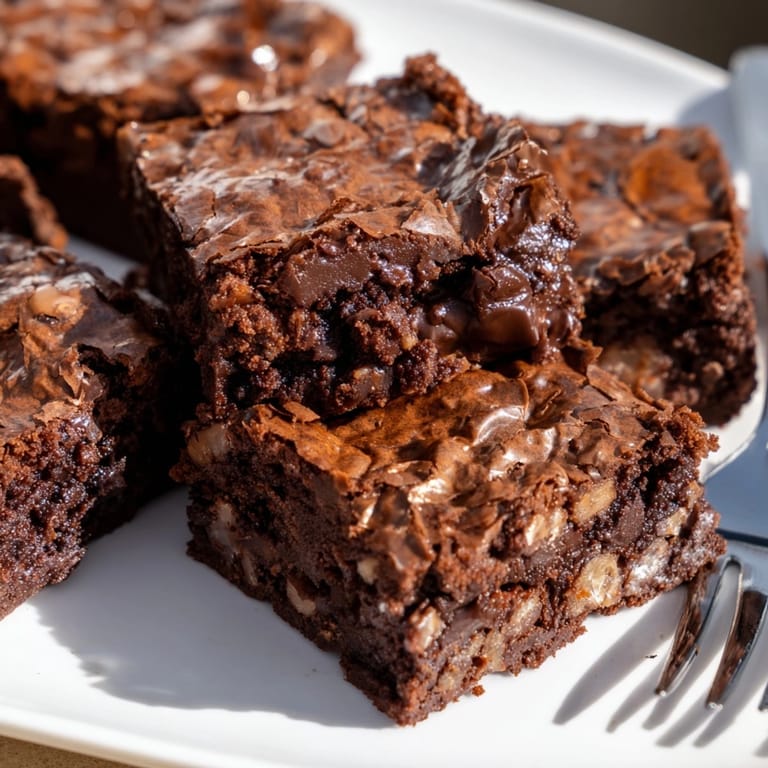 Warm, gooey Fudge Brownies, a rich chocolate dessert, served with a scoop of vanilla ice cream.