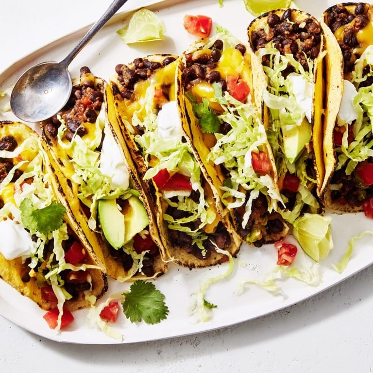 Homemade Cheesy Cajun Black Bean Tacos with cool sour cream, cilantro, and ripe tomatoes.