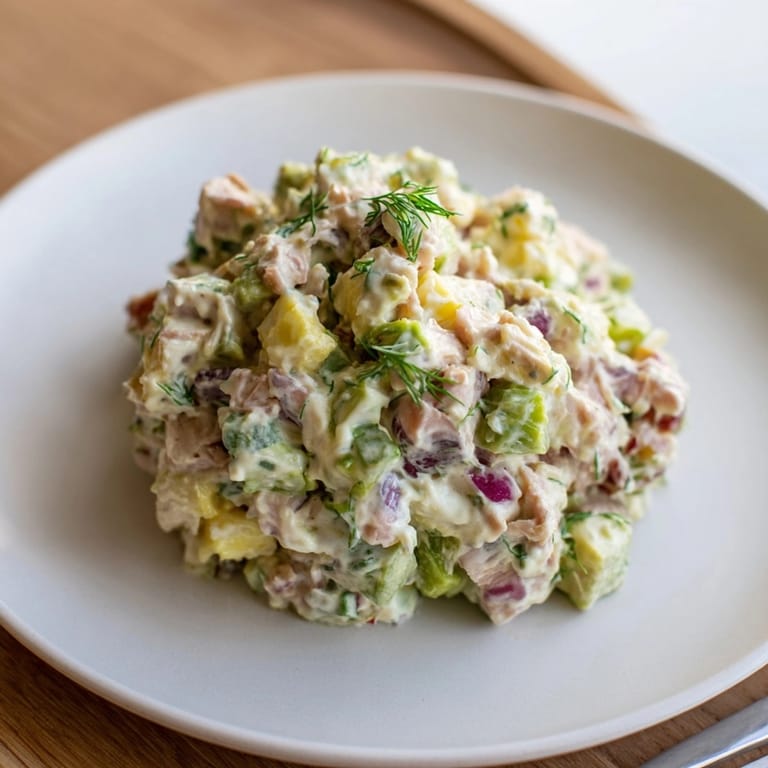Freshly made Avocado Ranch Tuna Egg Salad glistening, piled high in a ceramic bowl.