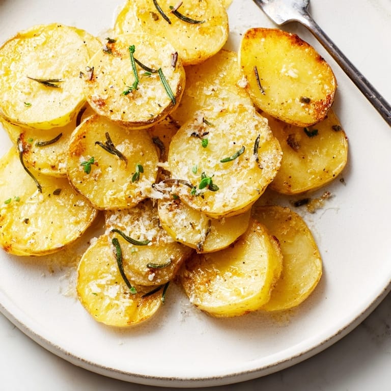 Image of homemade Garlic Rosemary Potato Rounds, browned and fragrant, ready to serve.