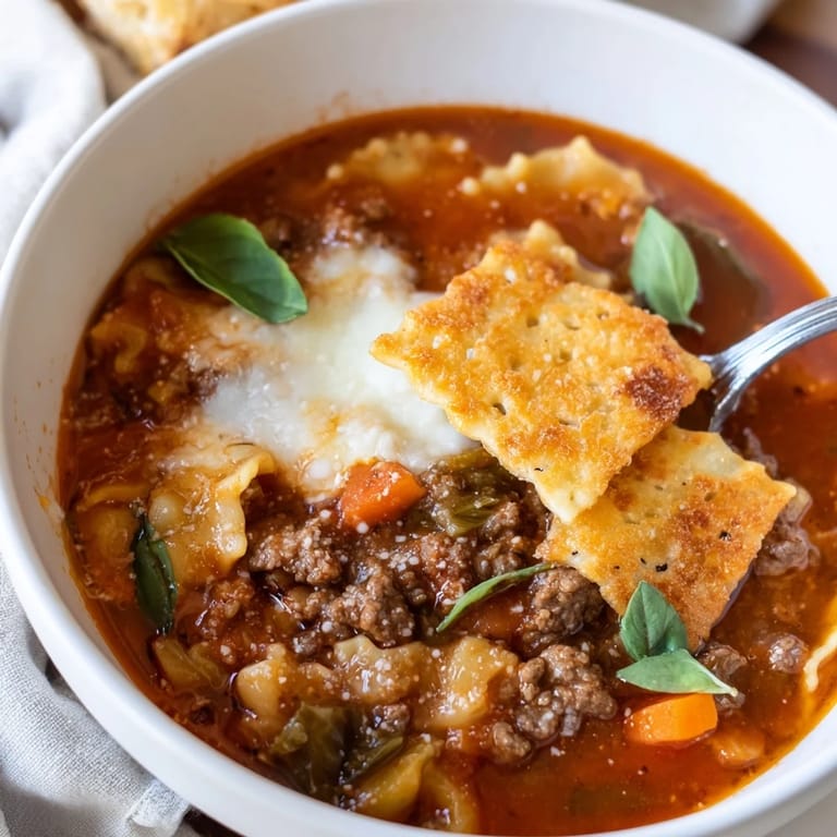Warm and savory Lasagne Soup, garnished with crunchy, golden Parmesan crisps.  
