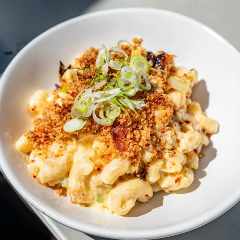 Creamy Spicy Kimchi Mac & Cheese with gooey cheeses and zesty kimchi for comfort food bliss.