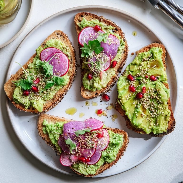Delicious Bright & Bold Breakfast Toasts adorned with pomegranate seeds and microgreens.