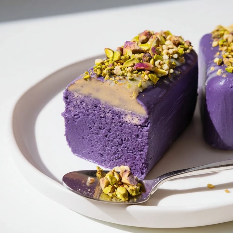 Vibrant ube and nutty pistachio layered ice cream bars drizzled with condensed milk.  