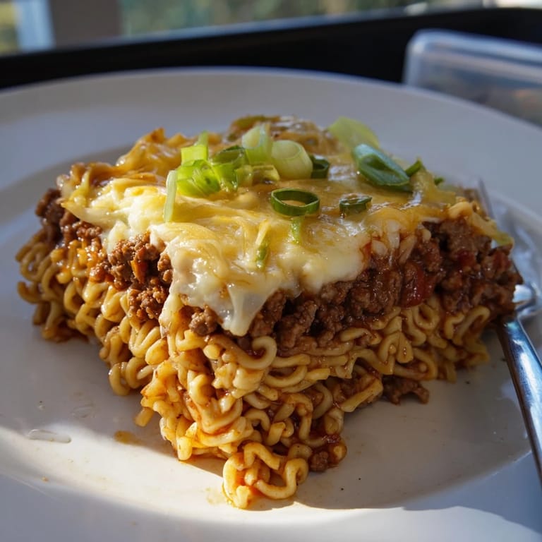 Fusion Spicy Ramen Lasagna featuring bold spices, melty cheese, and comforting noodle layers.
