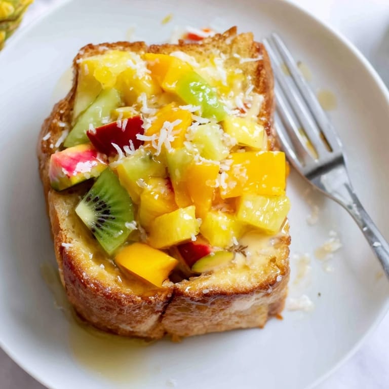 Creamy coconut yogurt custard toast, garnished with fresh mango and kiwi slices.  