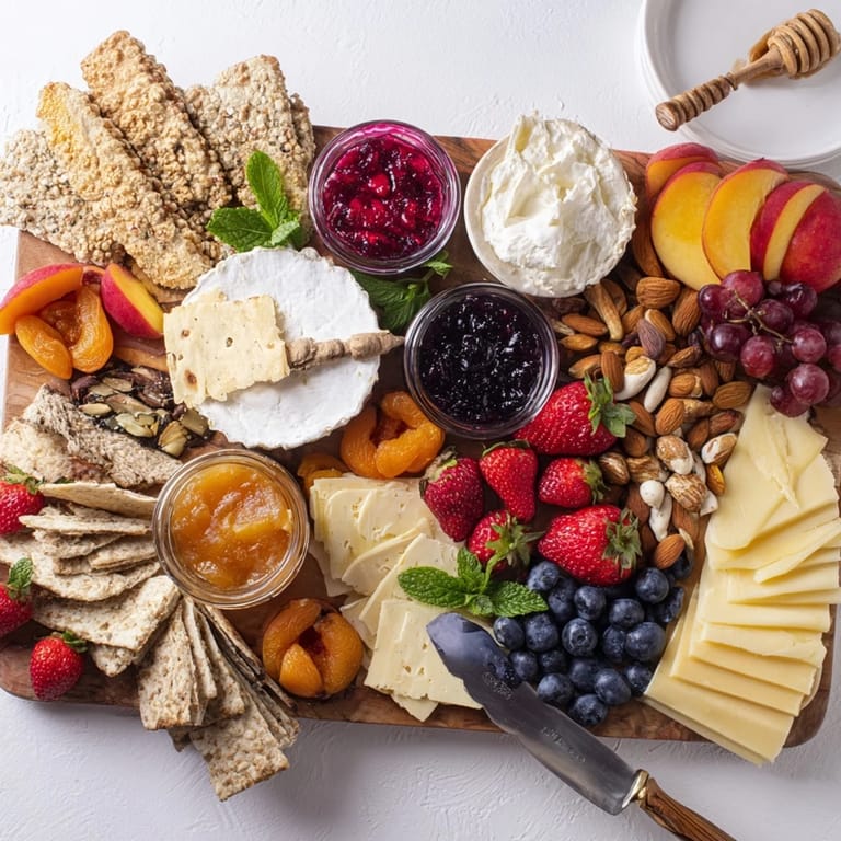 Delicious jam-infused brunch board featuring artisan breads, vibrant fruits, and creamy cheeses.  