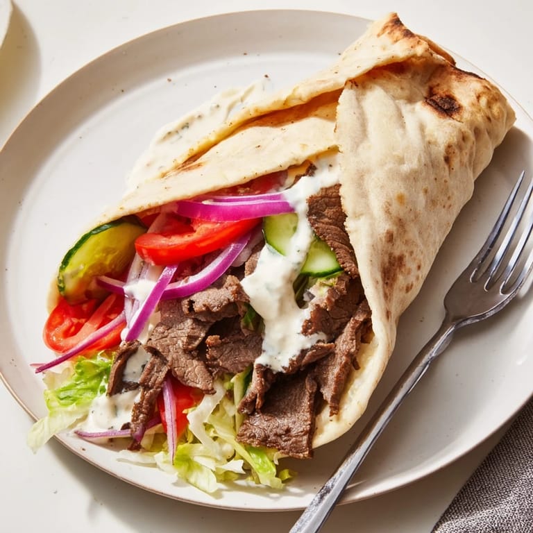 Hearty Beef Shawarma Wraps topped with vibrant vegetables and zesty yogurt sauce.