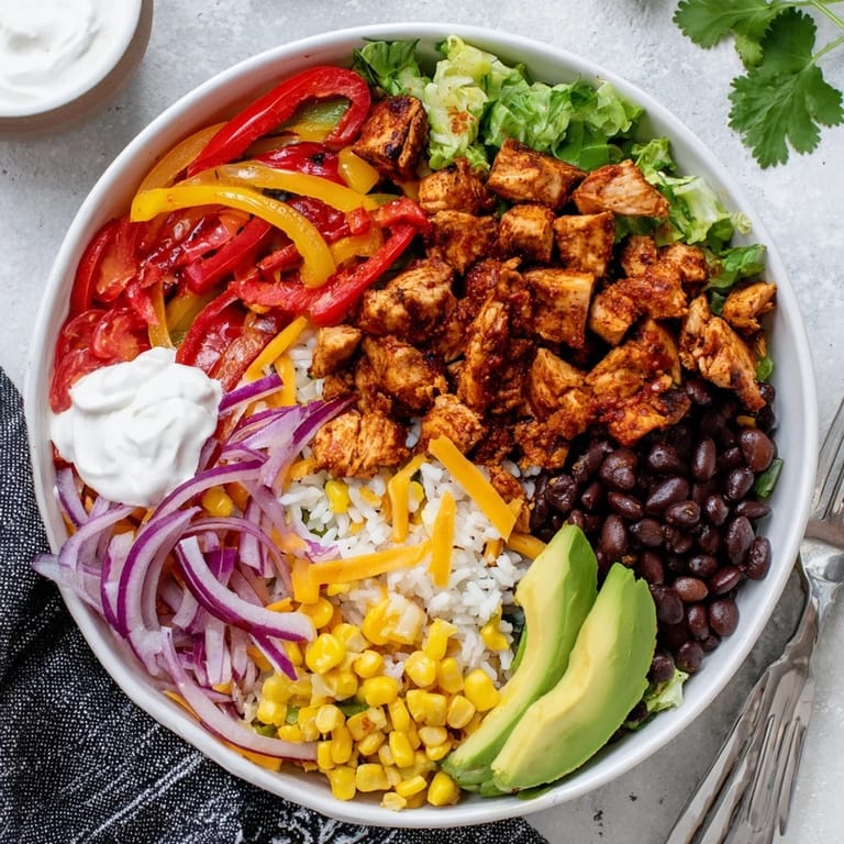 Colorful Sheet Pan Chicken Burrito Bowls featuring juicy chicken and vibrant pepper medley.