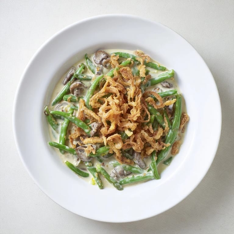 Homemade Old-School Green Bean Casserole: Tender green beans in a rich sauce, ready to serve with family.