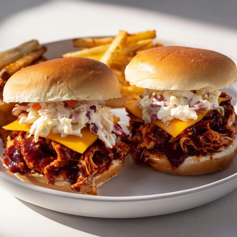 A plate of fresh BBQ Chicken Sliders and fries, a delightful American comfort food meal.