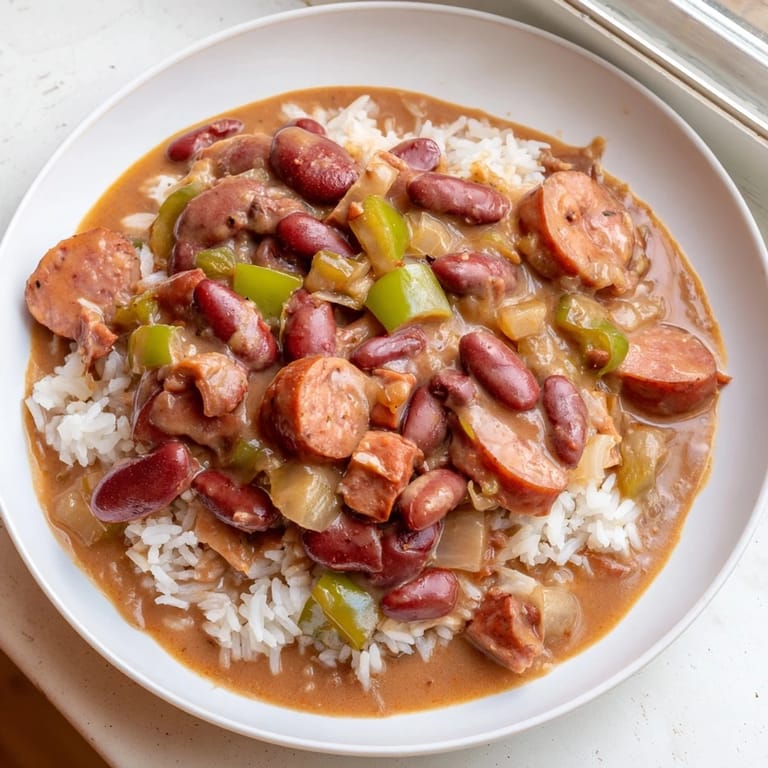 A close-up shot of the flavorful Red Beans & Rice, showcasing the creamy beans and fluffy rice.