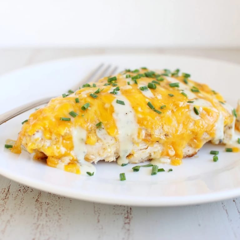 Close-up of a flavorful Cheddar Ranch Chicken Bake, perfect for a hearty and satisfying weeknight meal.