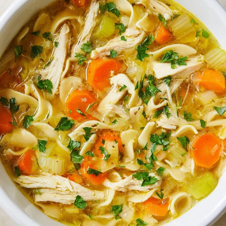 Golden egg noodles and chunks of chicken swimming in flavorful broth of this homemade chicken noodle soup.