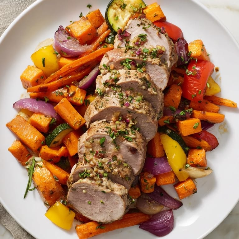 Golden-brown Roasted Garlic Pork Tenderloin sliced and served with a medley of perfectly cooked vegetables; a flavorful meal.