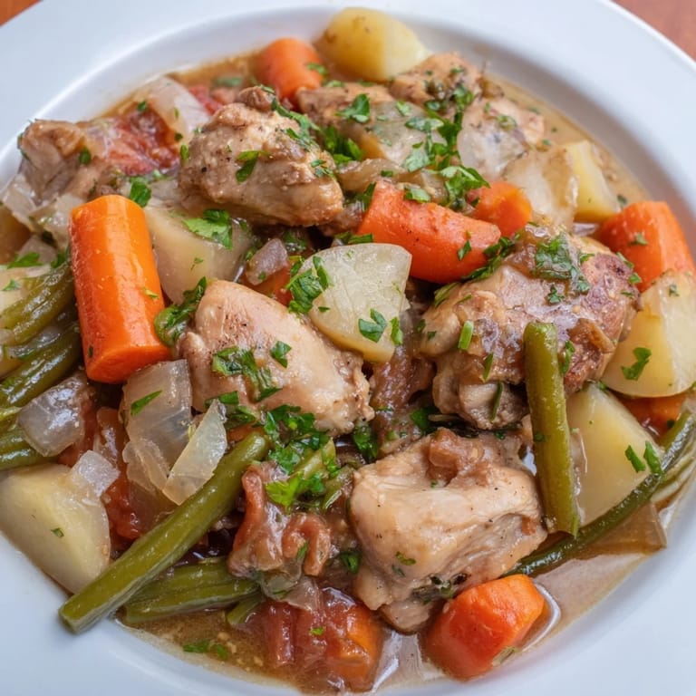 This flavorful Slow-Cooker Chicken & Vegetable Stew shows off the juicy chicken and soft vegetables.