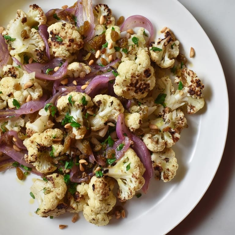 Mediterranean delight: a colorful bowl of Warm Roasted Cauliflower & Lemon Pine-Nut Dressing Salad.