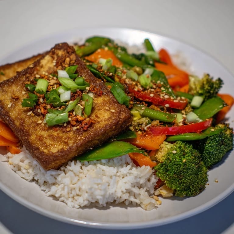 A close-up shows crispy pressed tofu steaks next to colorful stir-fried vegetables and rice.
