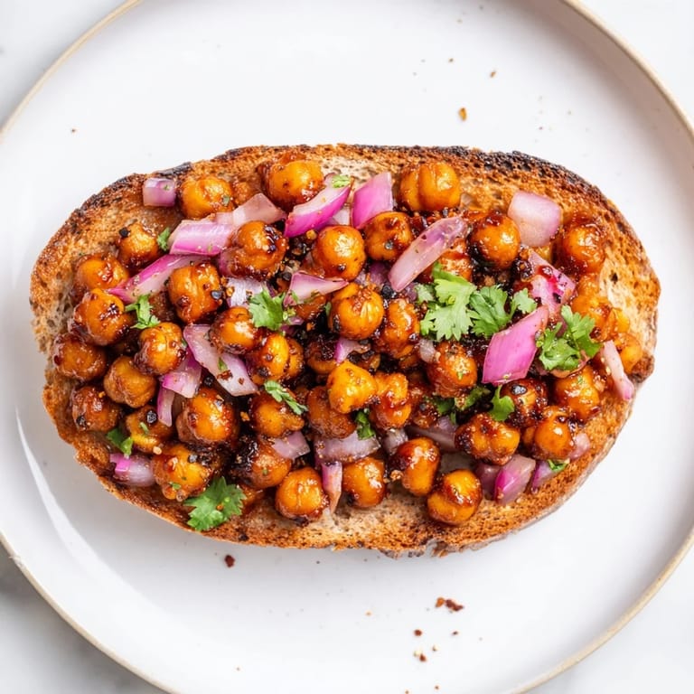 Savory BBQ chickpeas on toast with a vibrant sauce, ready to be enjoyed as a satisfying main dish.