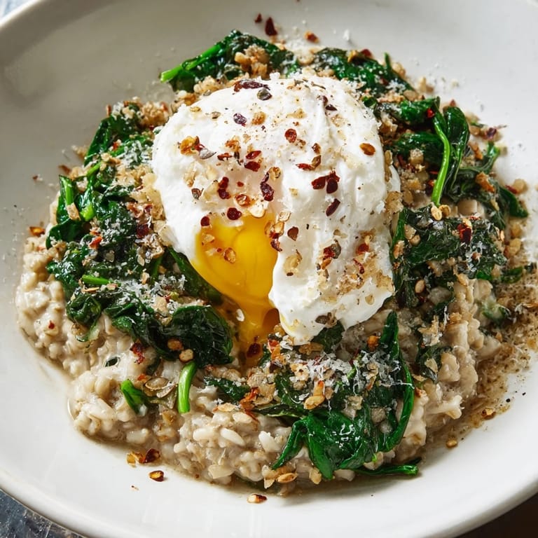 A close-up shot of the savoury oatmeal with vibrant green spinach and runny egg yolk.