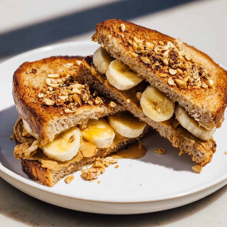 A close-up of a delicious peanut butter and banana sandwich upgrade, showcasing crunchy toppings and sweet banana slices.