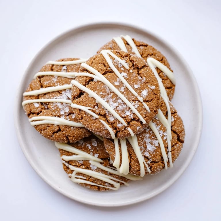 Freshly baked gingerbread latte cookies, with visible cracks and a lovely white chocolate drizzle topping.