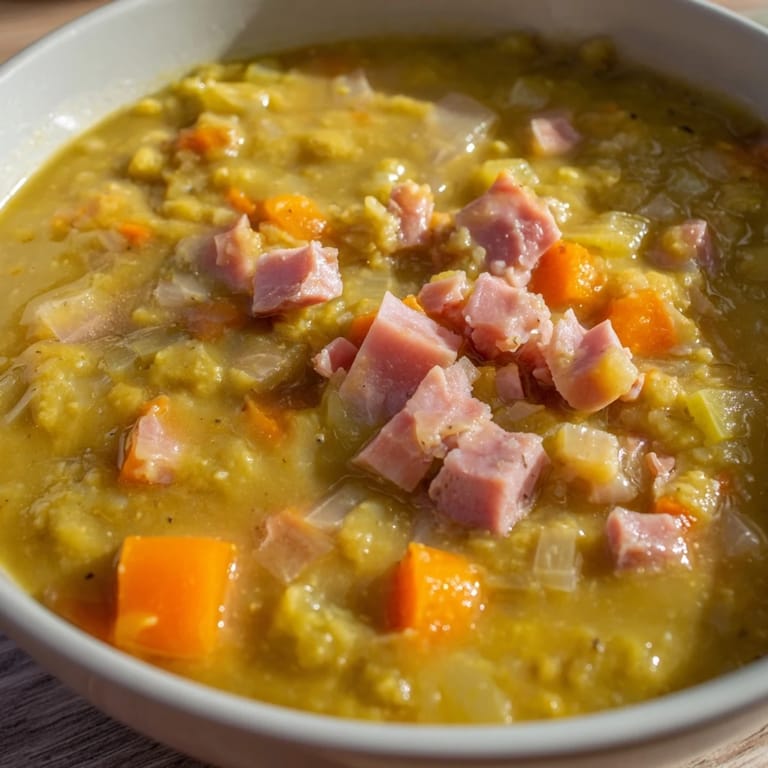 This creamy Hearty Split Pea and Ham Soup is a comforting bowl of split peas, ham and vegetables.