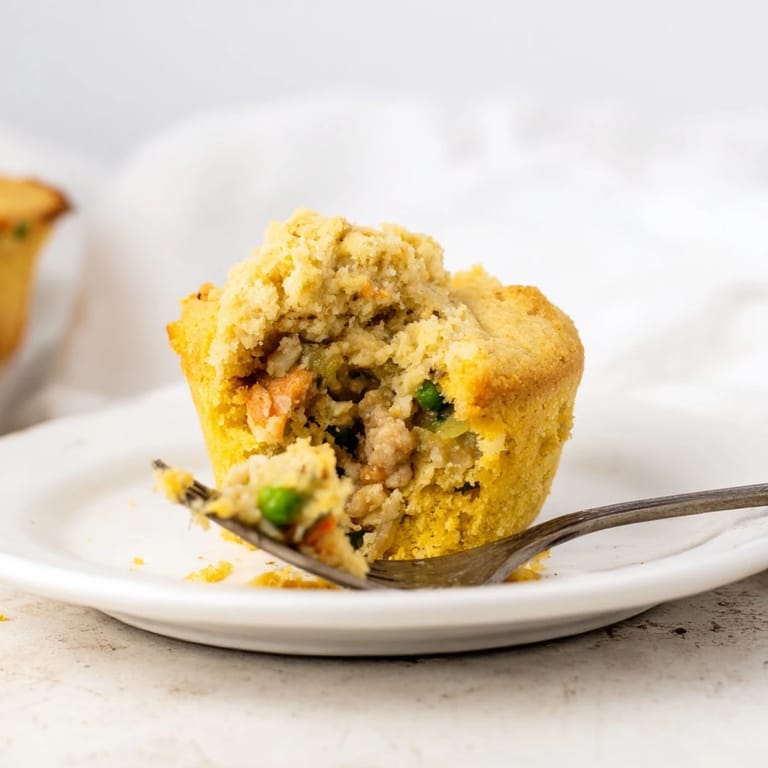A close-up of fluffy Chicken Pot Pie Cornbread Muffins, warm and inviting from the oven.