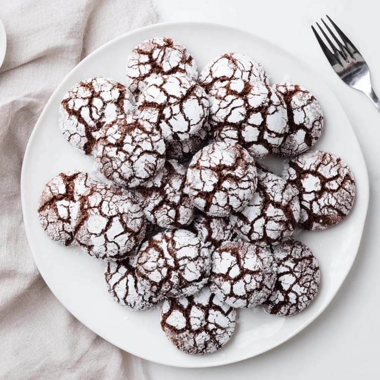 Warm, freshly baked Chocolate Crinkle Cookies with a fudgy interior and perfect crinkles visible.