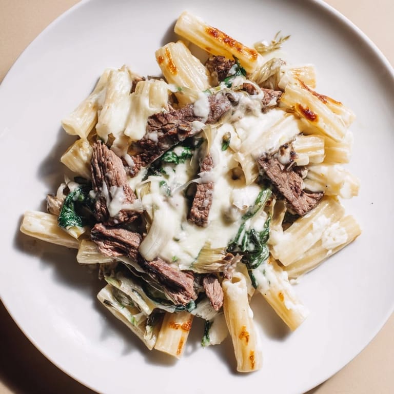 Warm, cheesy Steak & Spinach Artichoke Pasta Bake served, featuring layers of pasta, spinach, and artichokes, ready to eat.