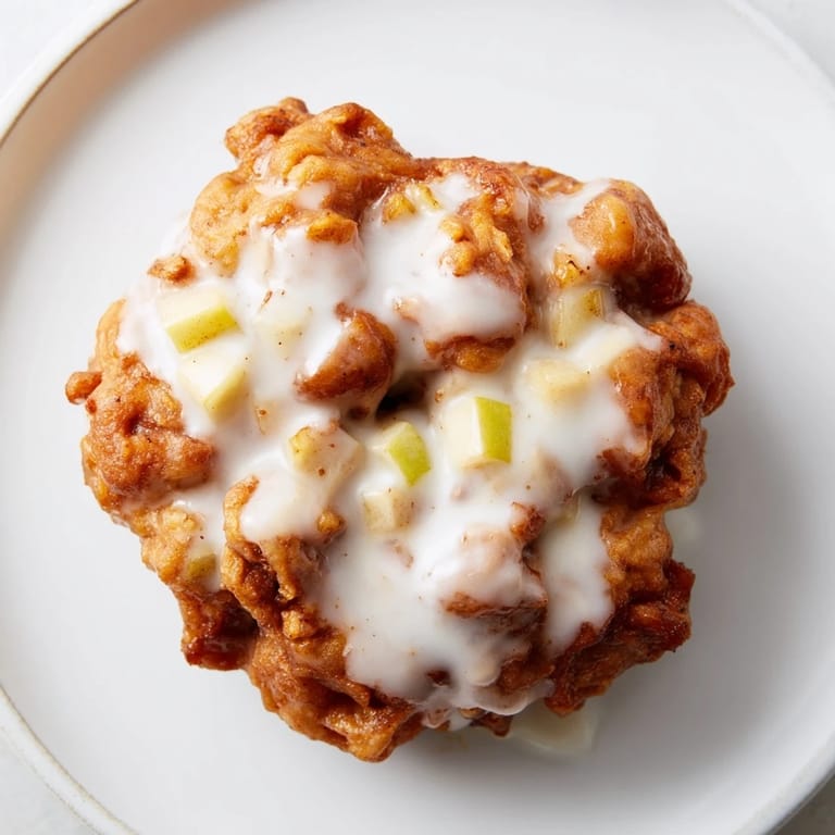 Close-up of apple fritters: tender apple pieces fried evenly in a light, sweet batter and glazed.