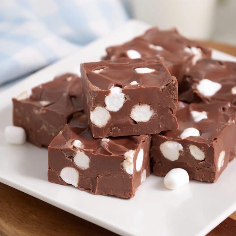 Close-up of decadent Easy Marshmallow Fudge squares, perfect for holiday gifting or a sweet treat.