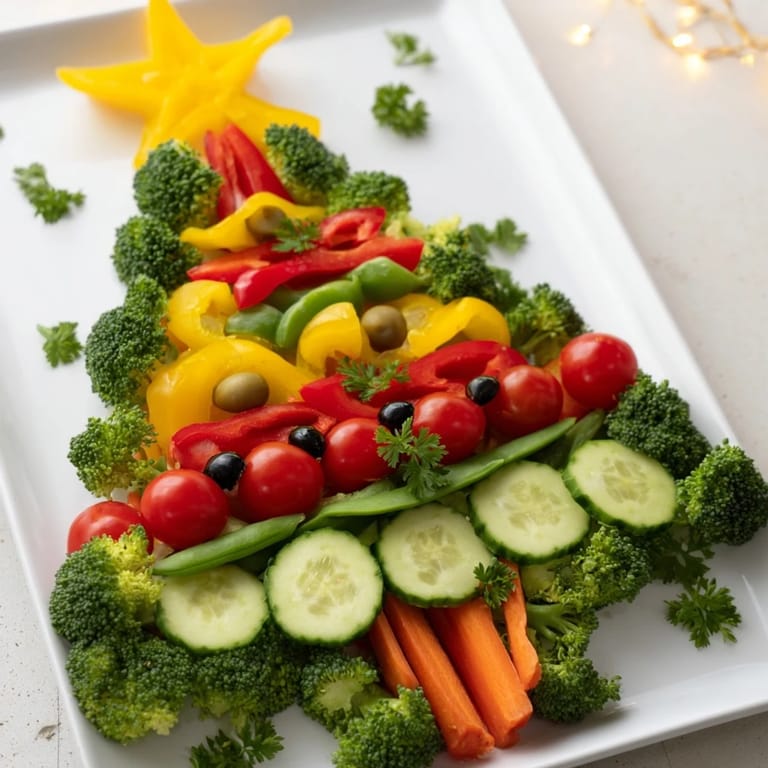 Enjoy a colorful Healthy Christmas Veggie Platter Tree, visually stunning with fresh vegetables.