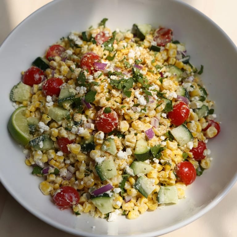 Picture a close-up of fresh Mexican Street Corn Chopped Salad; perfect for a vegetarian summer meal.