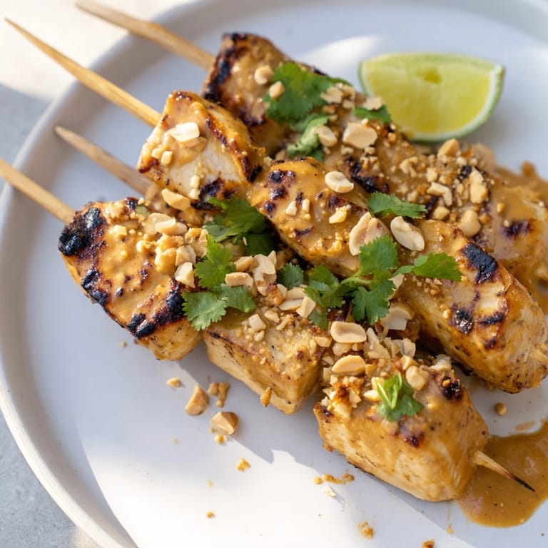 Vibrant photo of Spicy Peanut Satay Chicken Skewers garnished with peanuts and cilantro, perfect for dinner.