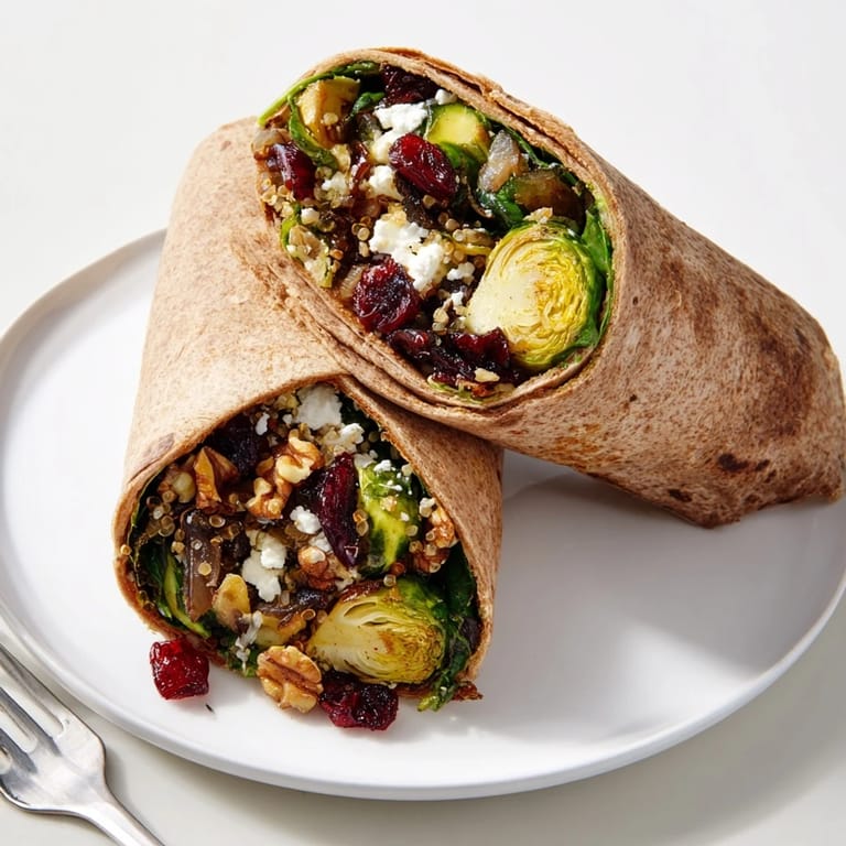 Savory and sweet: Close-up of a warm Roasted Brussels Sprouts & Cranberry Grain Wrap, perfect for a cozy lunch.