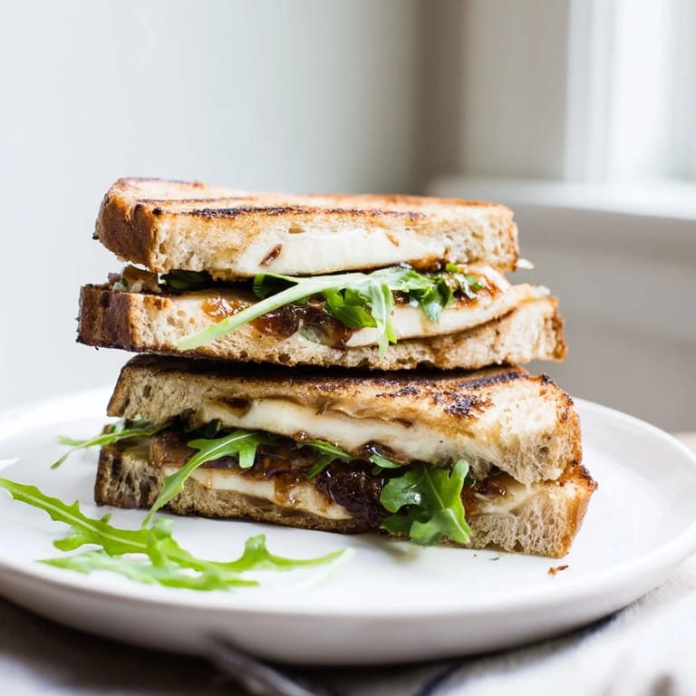 Arugula and fig elevate this gourmet Fig, Brie & Arugula Grilled Cheese, served hot and delicious.