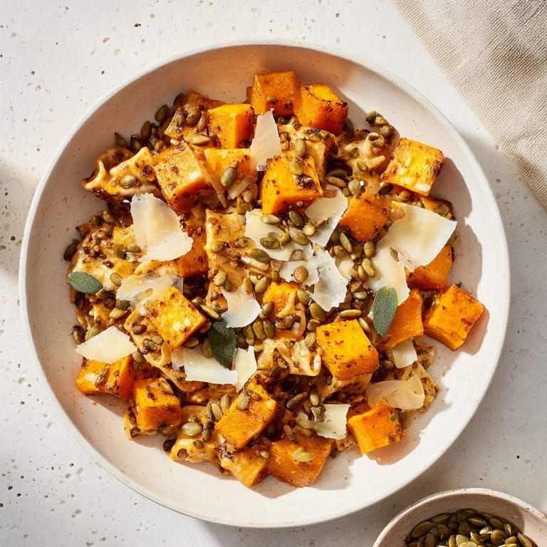 A close-up of buttery, golden butternut squash & sage brown butter pasta, garnished with Parmesan cheese and sage.