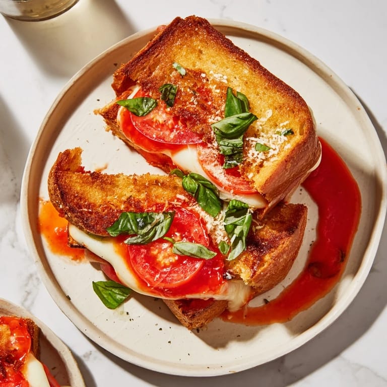 Enjoy a close-up of Air Fryer Pizza Margherita Grilled Cheese, a perfect Italian-American lunch idea.