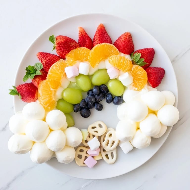 Vibrant Cloud & Rainbow Grazing Board, with a rainbow of fresh fruit and creamy cheeses ready to eat.