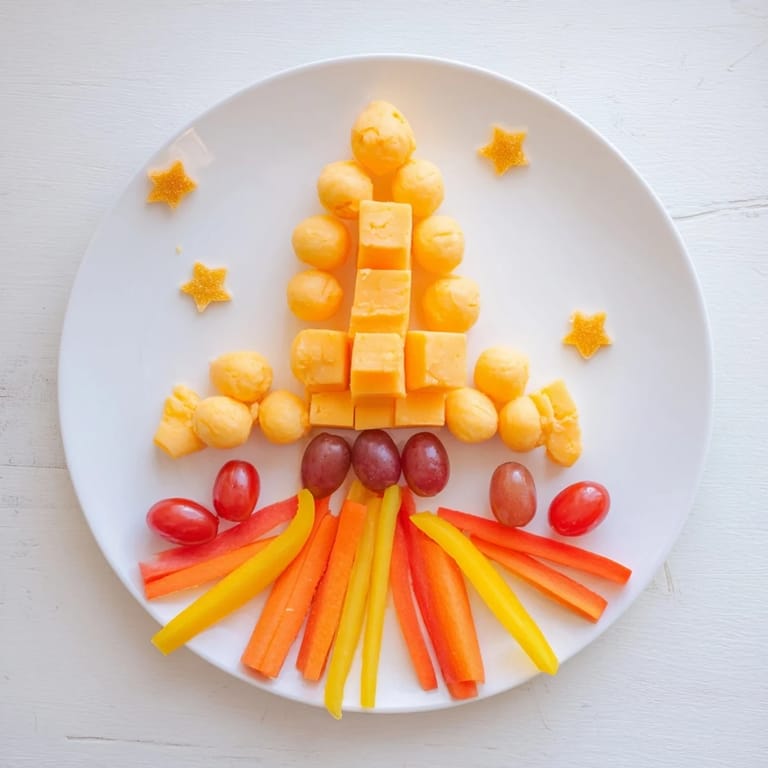 Delicious Blast Off Spaceship Snack Board: A visually appealing, healthy snack spread with fruit planets and cheese rockets.