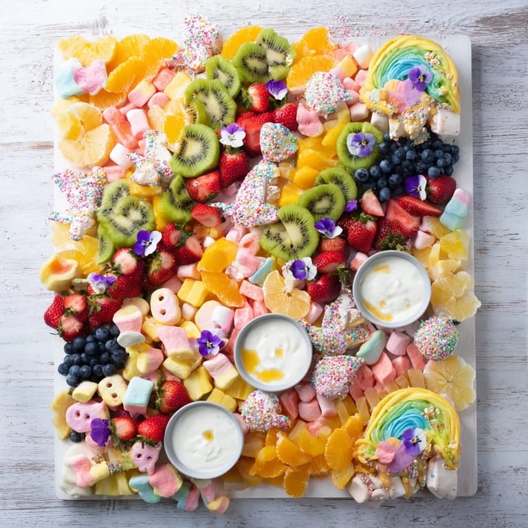 Vibrant magical unicorn rainbow dessert board featuring fresh fruit, rainbow treats, and a creamy, delicious yogurt dip.