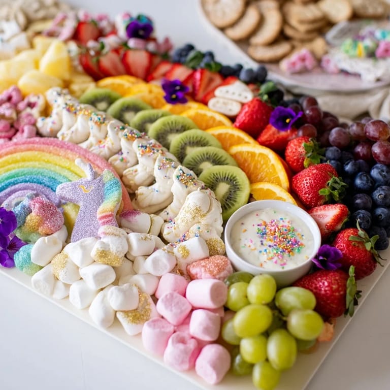 Bright and inviting, this magical unicorn rainbow dessert board sparkles with edible glitter and party-ready flavors.