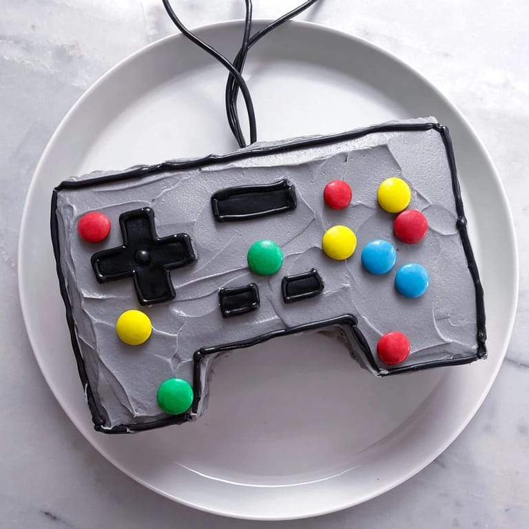 Imagine a fun, decorated Pixel Perfect Video Game Controller Board dessert; colorful buttercream and candy buttons top the cake.