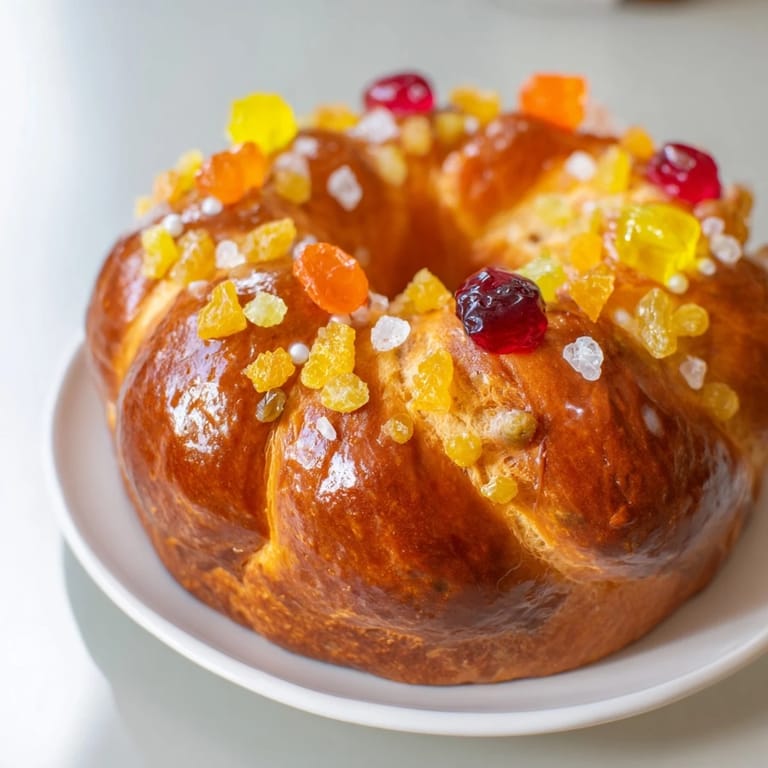 Close-up of a warm, glistening Couronne de Roi Bijoux Sucrés, topped with vibrant candied fruits and sparkling sugar.