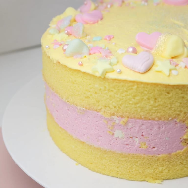 Frosted in soft yellow, the Château de Princesse Cœurs et Étoiles cake features pink buttercream between layers.