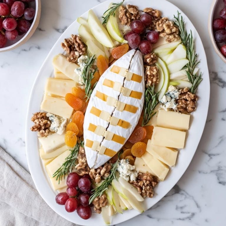A beautifully arranged Rugby Ball Cheese Board with grapes, pear slices, and goat cheese rounds.