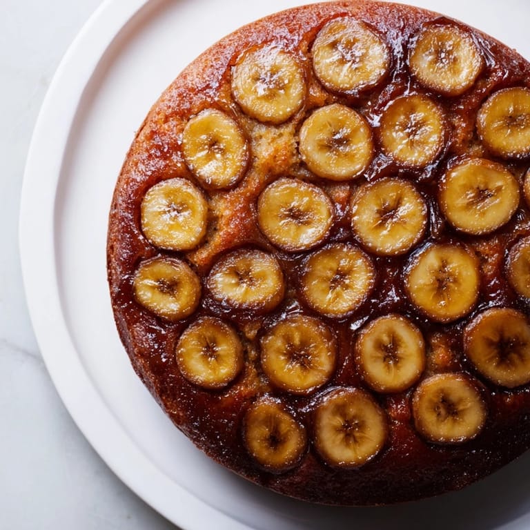 A slice of moist banana bread cake, featuring a topping of sweet, glistening banana rounds.