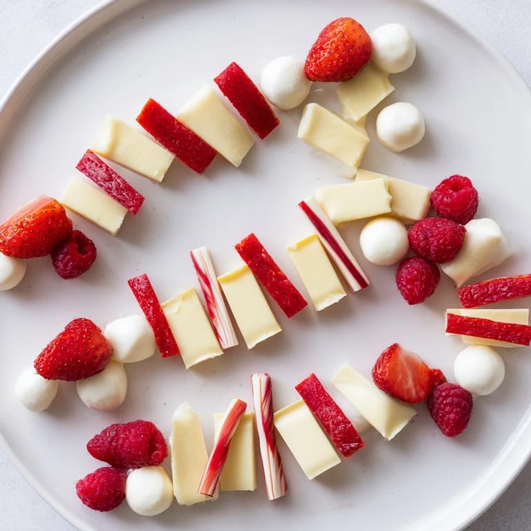 Delicious Festive Red and White Candy Cane Snack Board, filled with sweet and savory treats, ready to be enjoyed.