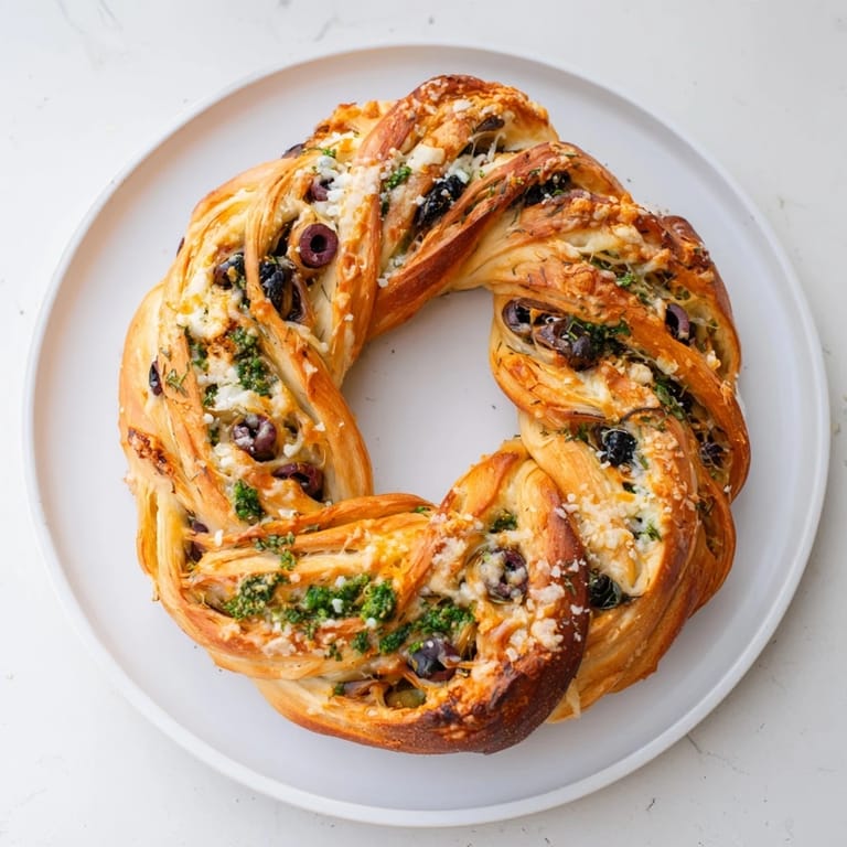This bubbling Savory Wreath of herbs, cheeses, and olives offers a delicious pull-apart appetizer for your guests.